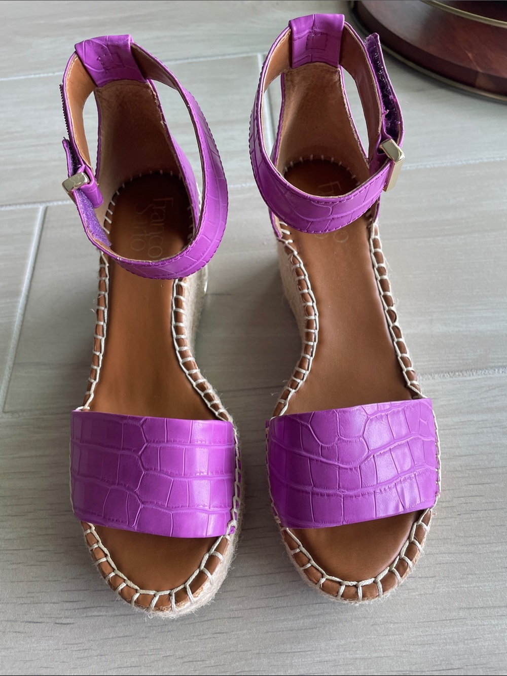 Franco Sarto Bright Purple Croc-Embossed Espadrille Wedge Sandals